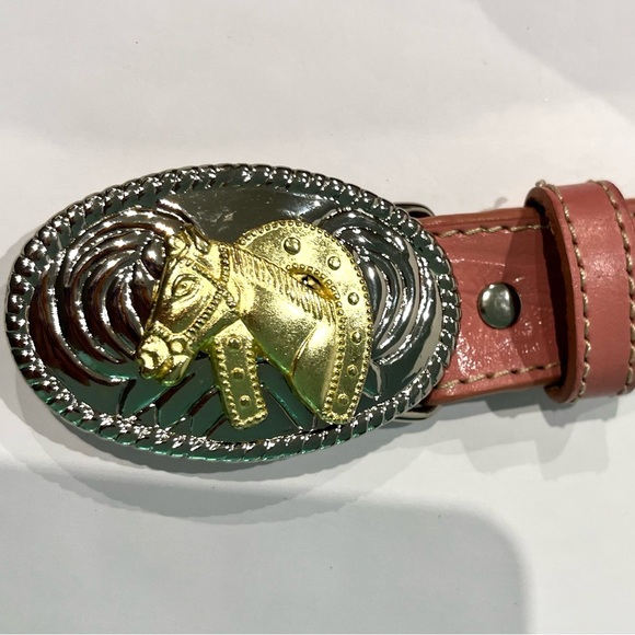 Nocona Western Equestrian Pink Leather Belt Girls 22" With Horse Buckle - Picture 3 of 10